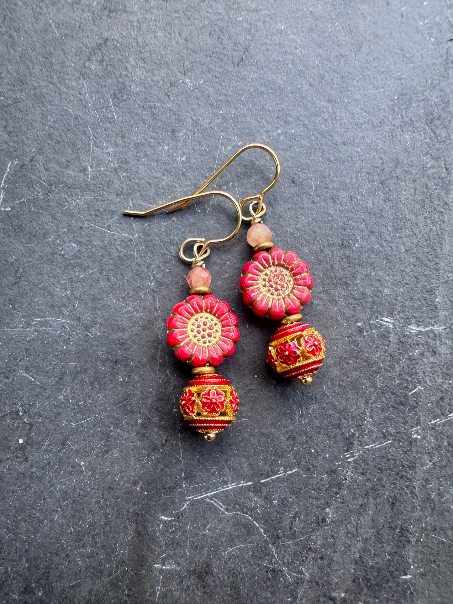 Red and gold, cloisonné, Czech glass, brass metal, earrings