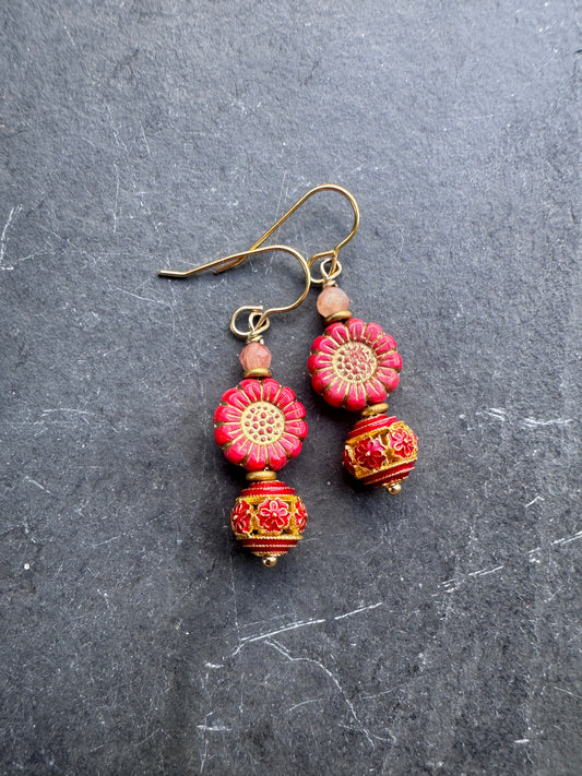 Red and gold, cloisonné, Czech glass, brass metal, earrings