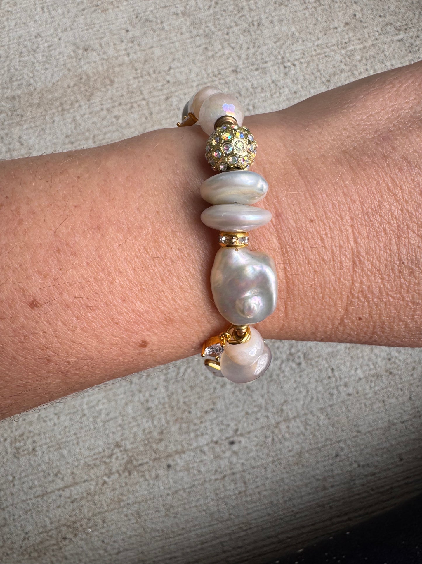 Freshwater AAA white Pearls, AB moonstone, rhinestone, gold metal, bracelet