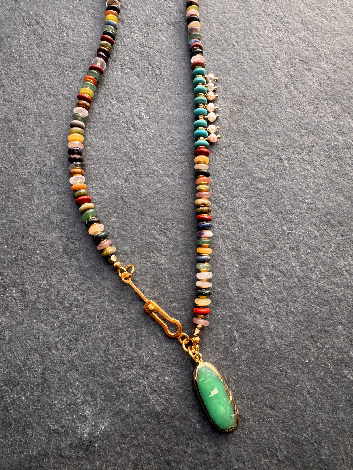 Mixed gemstone rondelle, turquoise, pearl, amethyst stone pendant, chrysoprase stone drop, necklace
