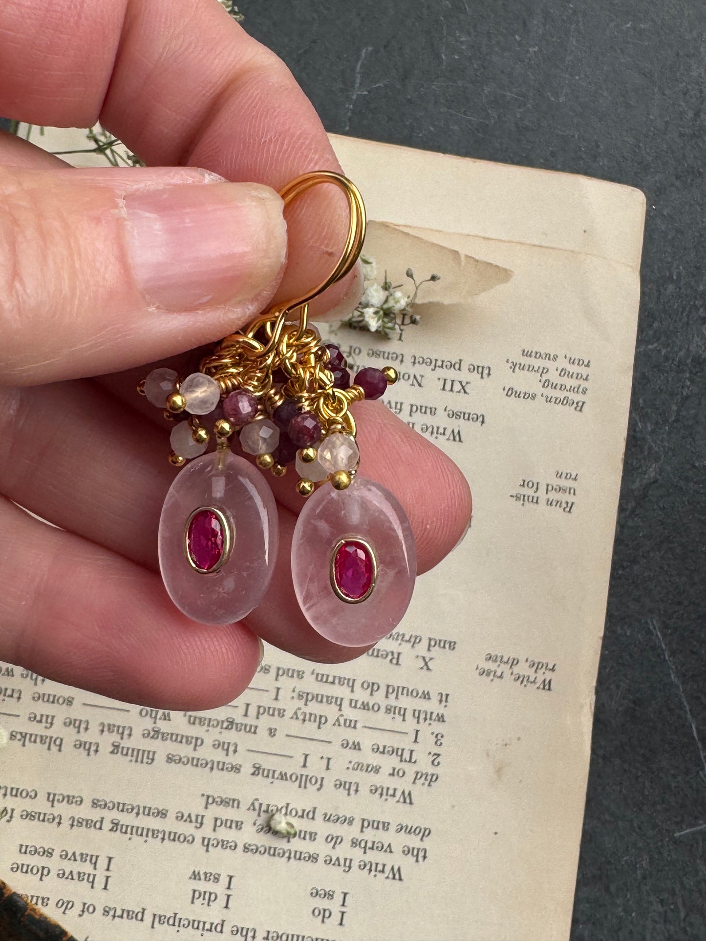 Ruby, rose quartz, gold metal, drop earrings