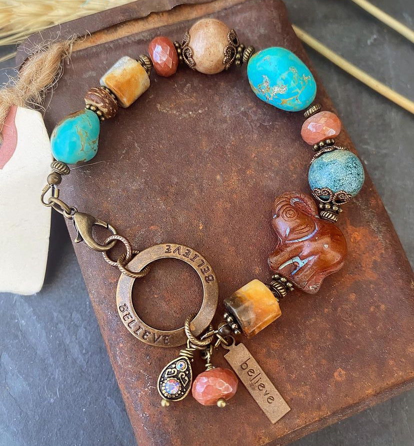 Elephant in Czech glass, turquoise stone, ceramic beads, Amazonite stone, orange agate, bronze metal, handmade bracelet