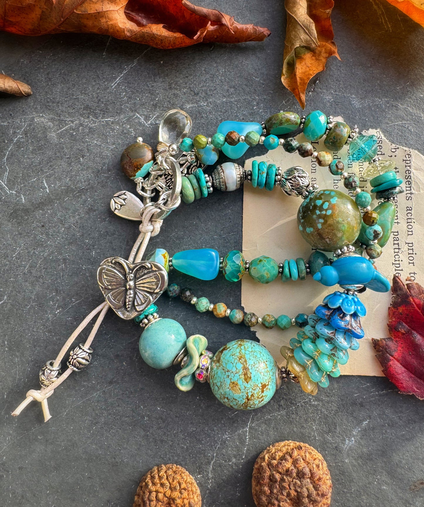 Kingman turquoise, Czech glass, ceramic, Butterfly button, silver metal, bracelet