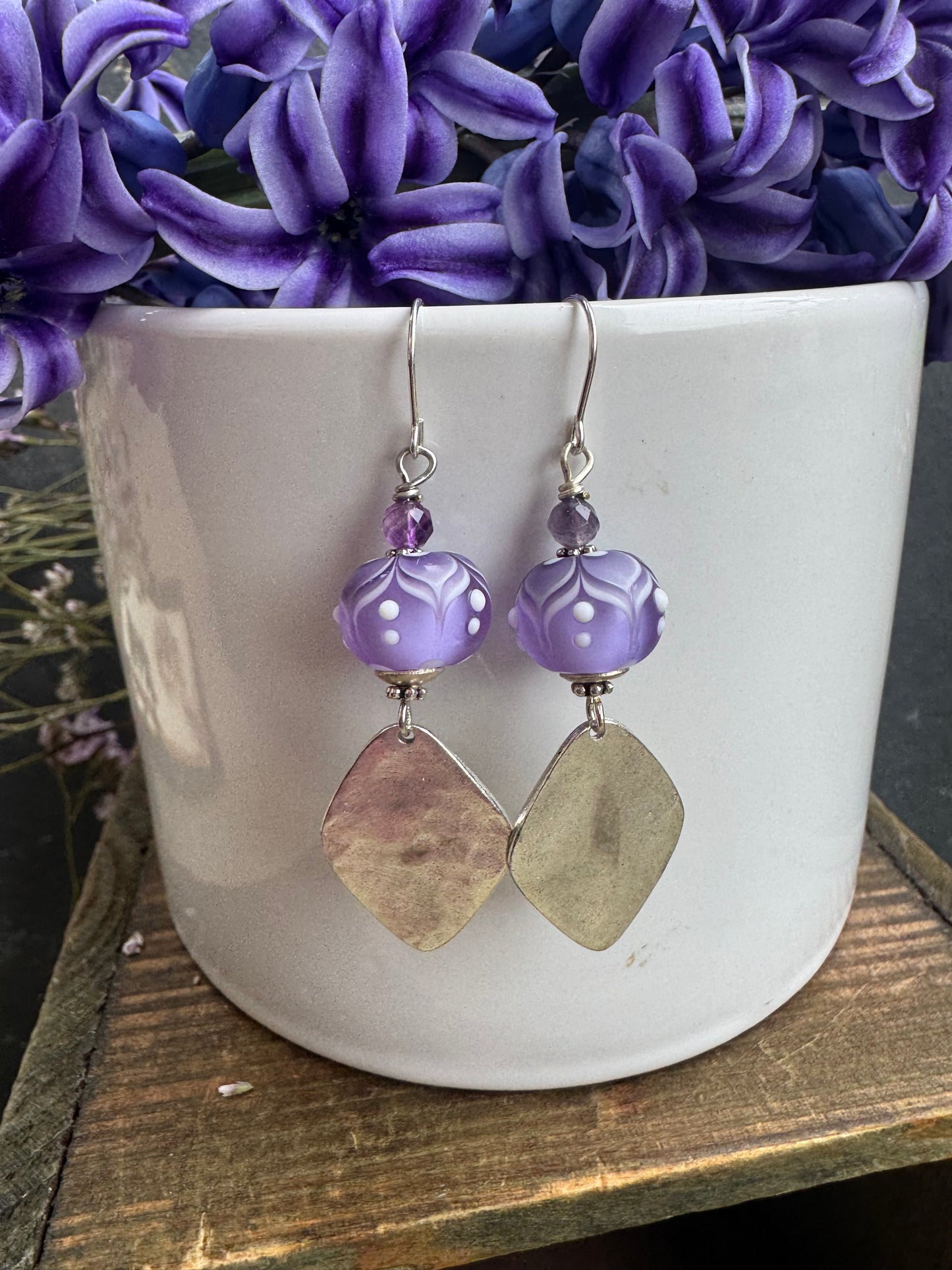 Handmade lampwork glass, silver charm, earrings