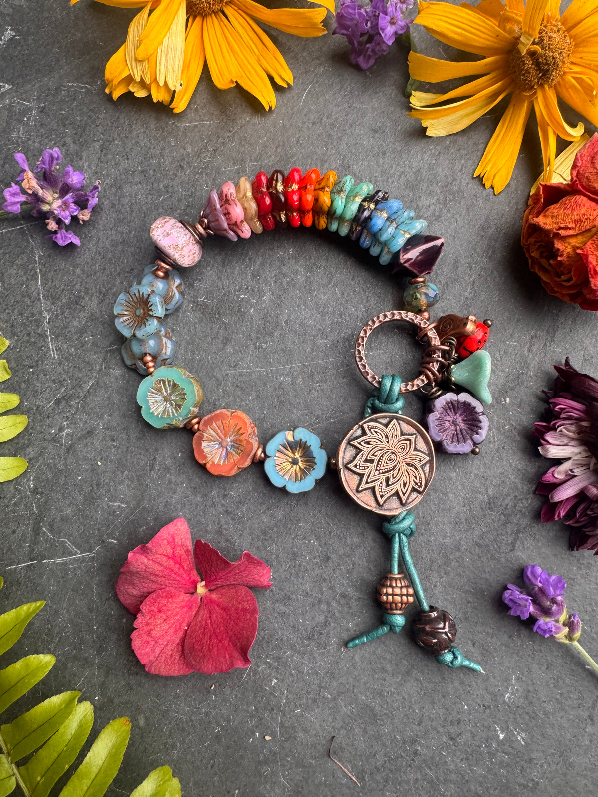 Lotus flower. Czech glass, handmade lampwork glass, ceramic, handmade lotus flower copper button, bracelet.