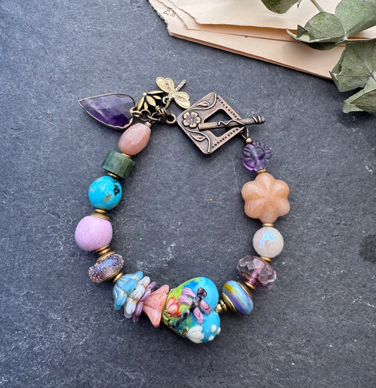 Turquoise, handmade lampwork glass, ceramic, fluorite, peach moonstone, Czech glass, bracelet