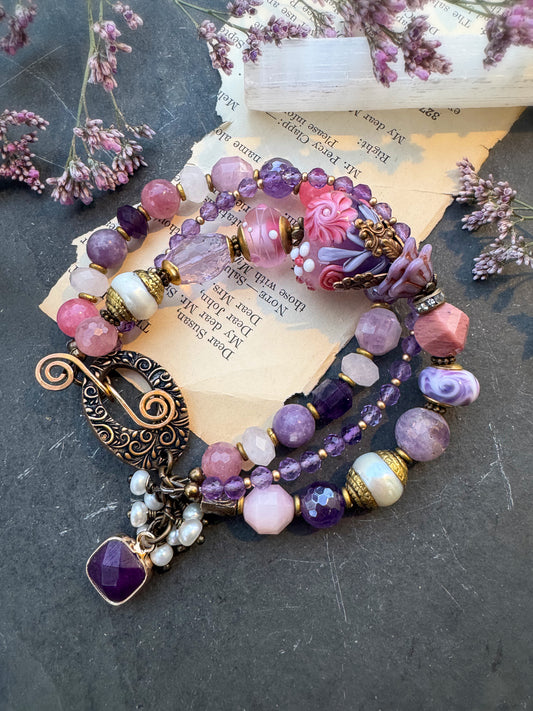 Rose quartz, pink tourmaline, amethyst, pearls, Czech pass, rhodochrosite, pink jade, handmade lampwork glass, handmade bronze clasp, bracelet