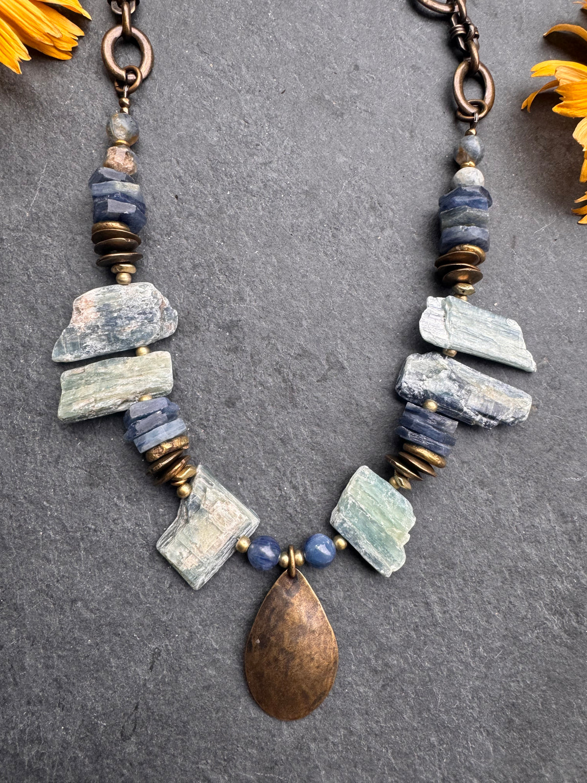 Blue kyanite gemstone, African brass, bronze metal, necklace