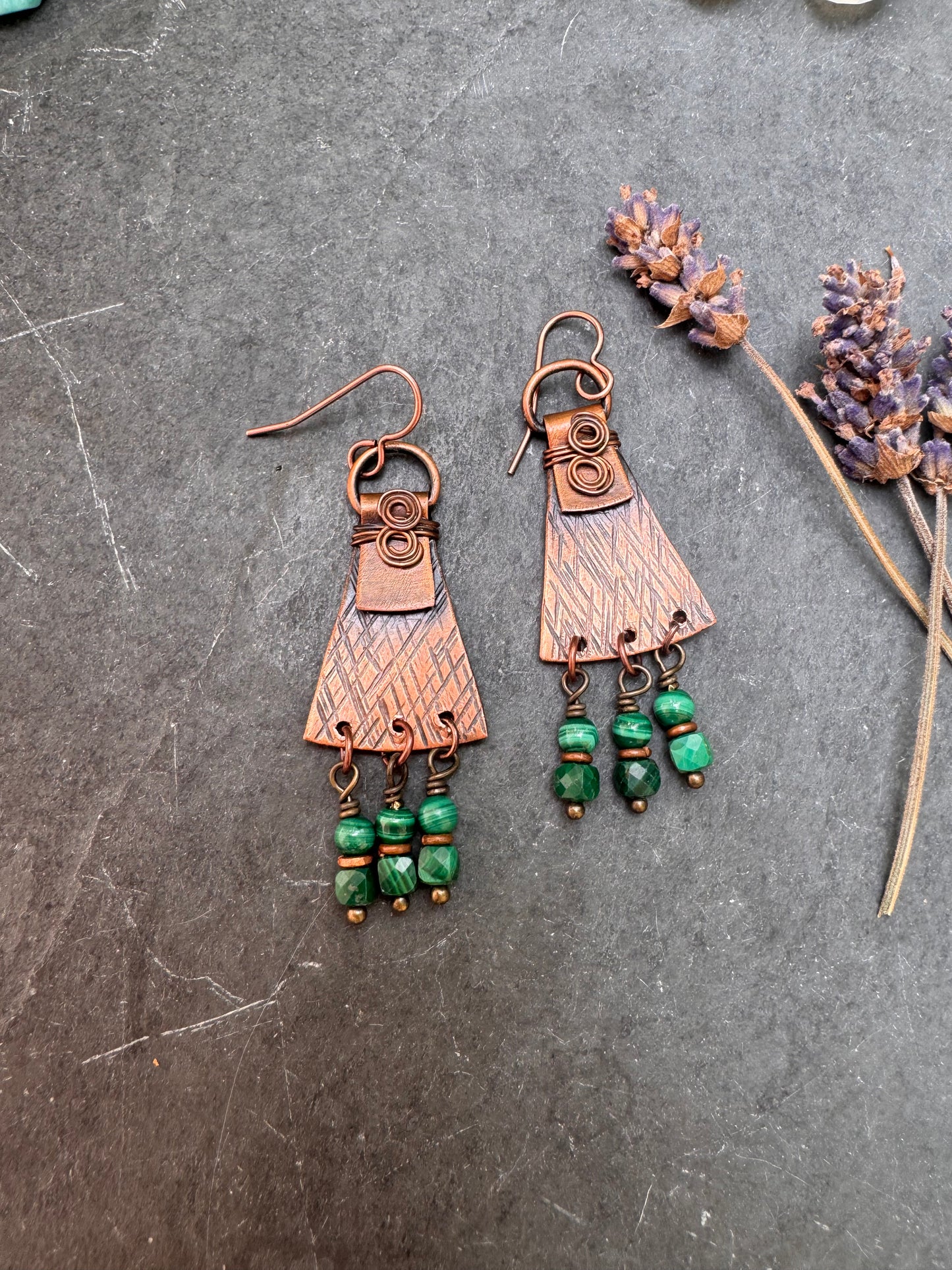 Malachite stone, copper metal, earrings