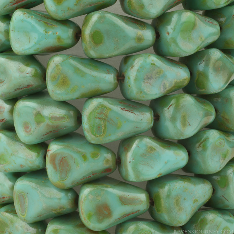Old Style Drop (13x12mm) Turquoise Opaque with Picasso Finish