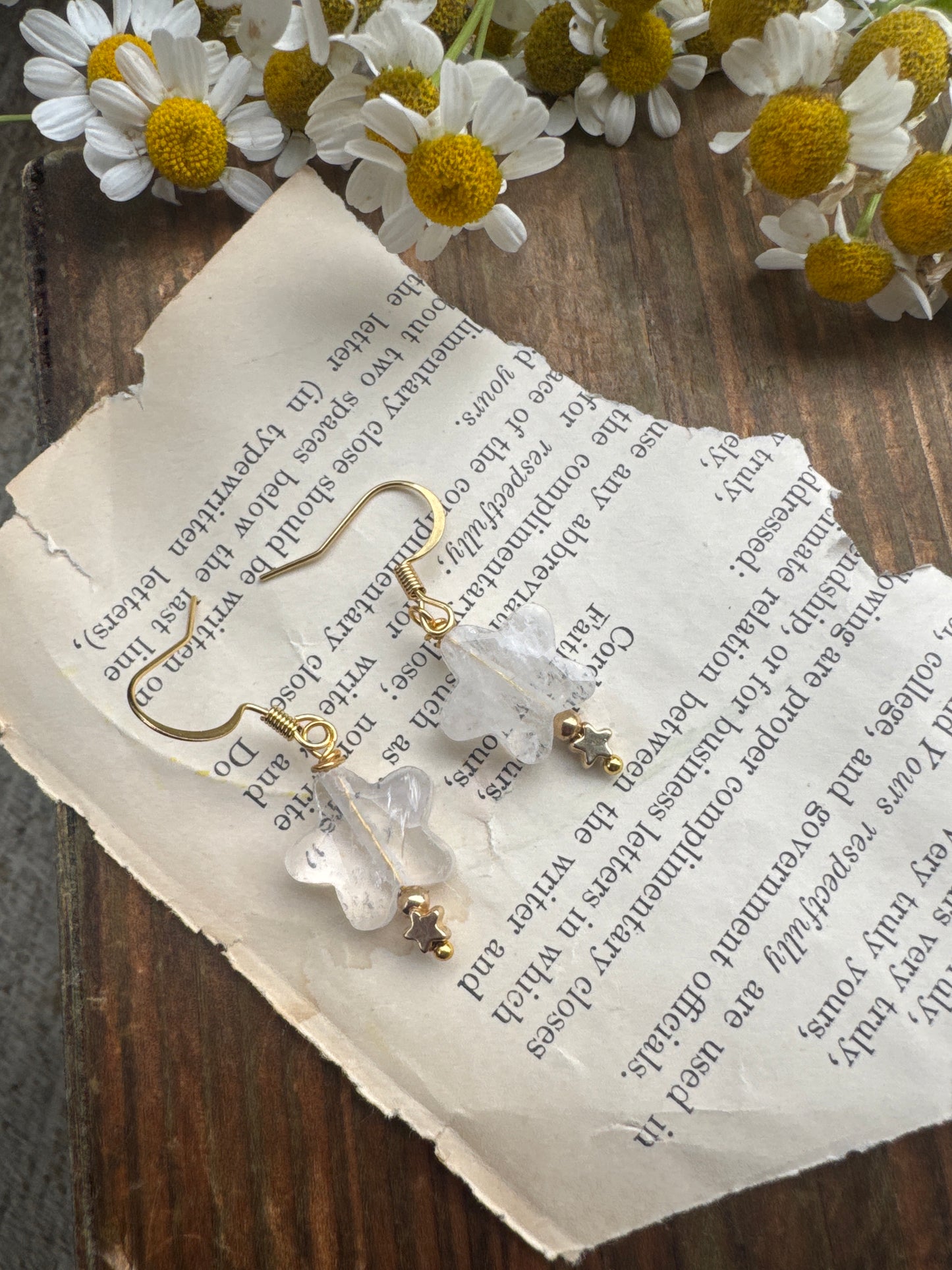 Clear quartz star shape stone, gold metal, star charm, earrings