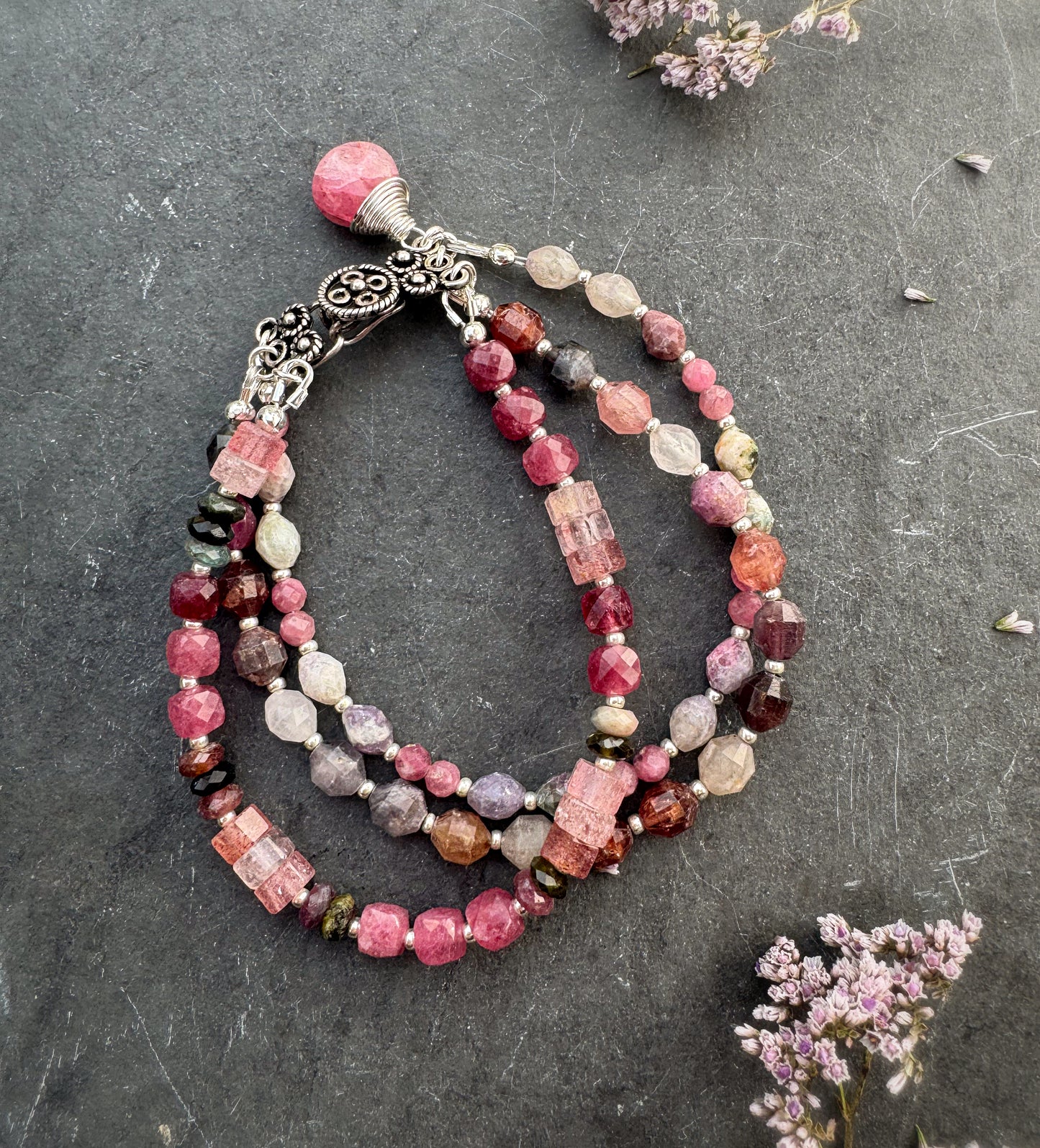 Watermelon tourmaline stone, rose quartz, pink tourmaline, strawberry quartz, sterling silver clasp.