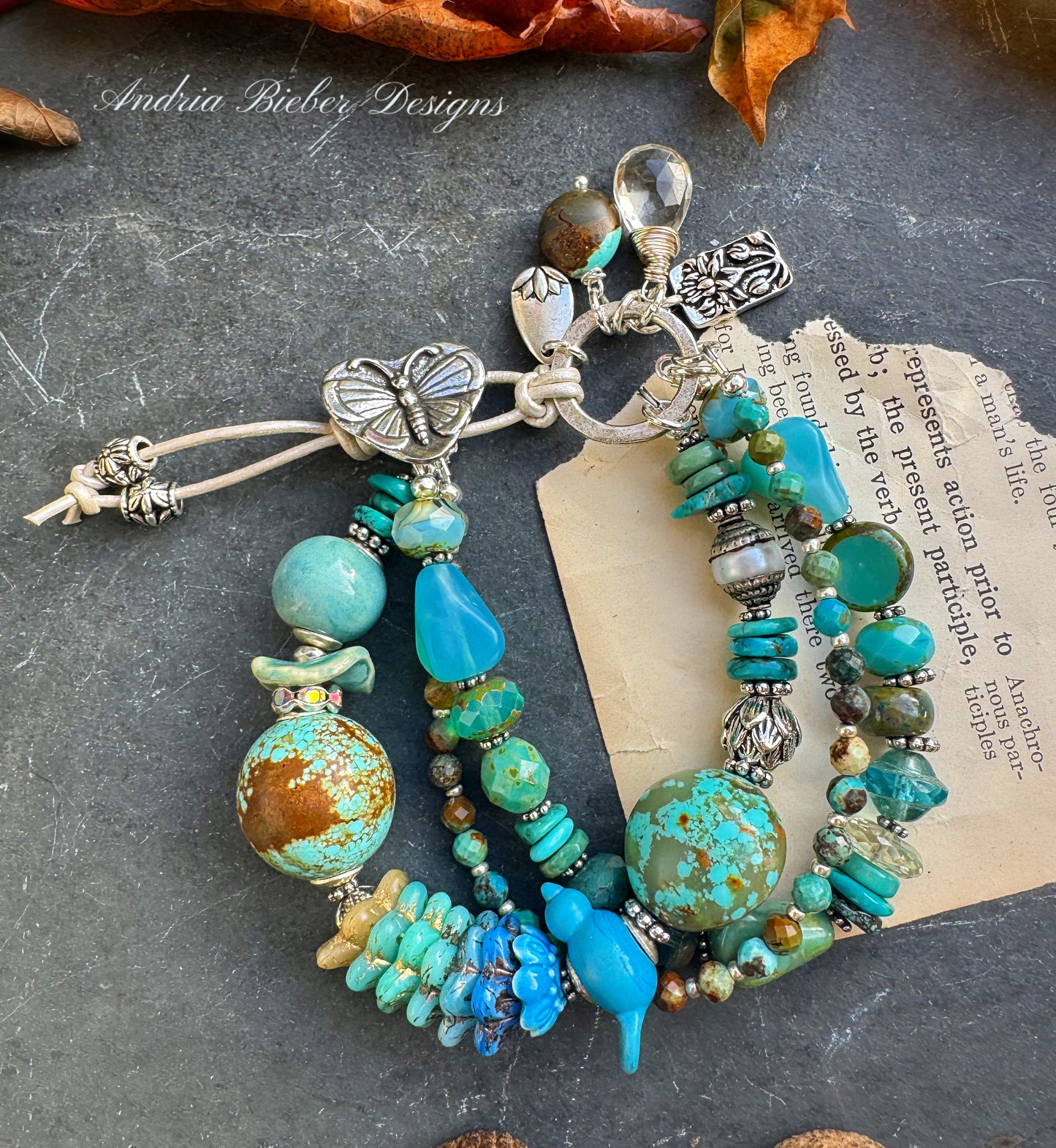 Kingman turquoise, Czech glass, ceramic, Butterfly button, silver metal, bracelet