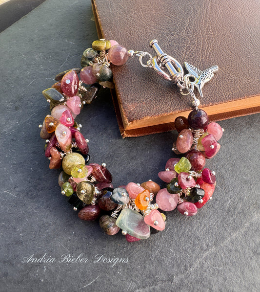 Watermelon tourmaline chip stone, wrapped stone, silver, bracelet