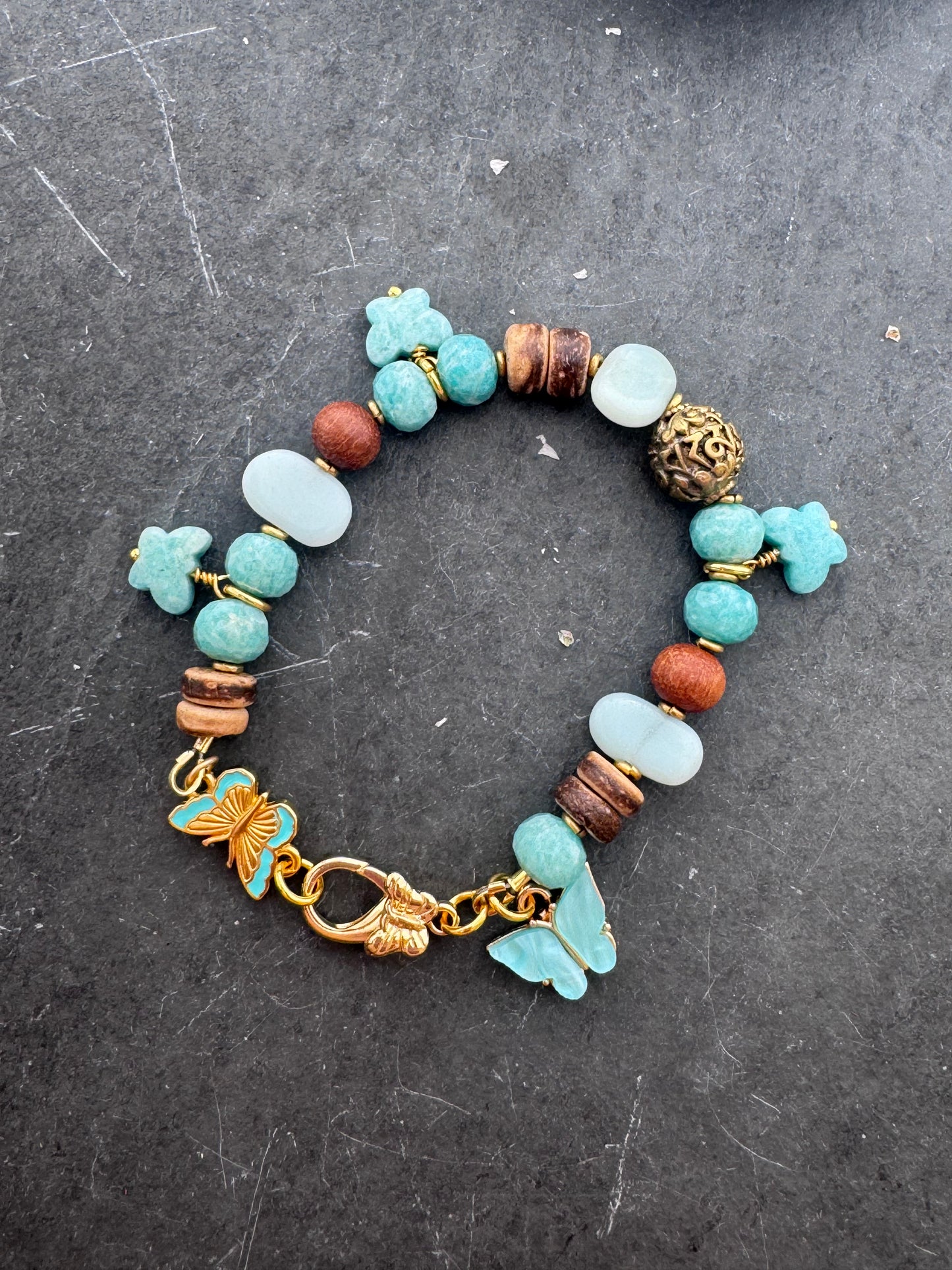 Amazonite, wood, gold metal charm bracelet.