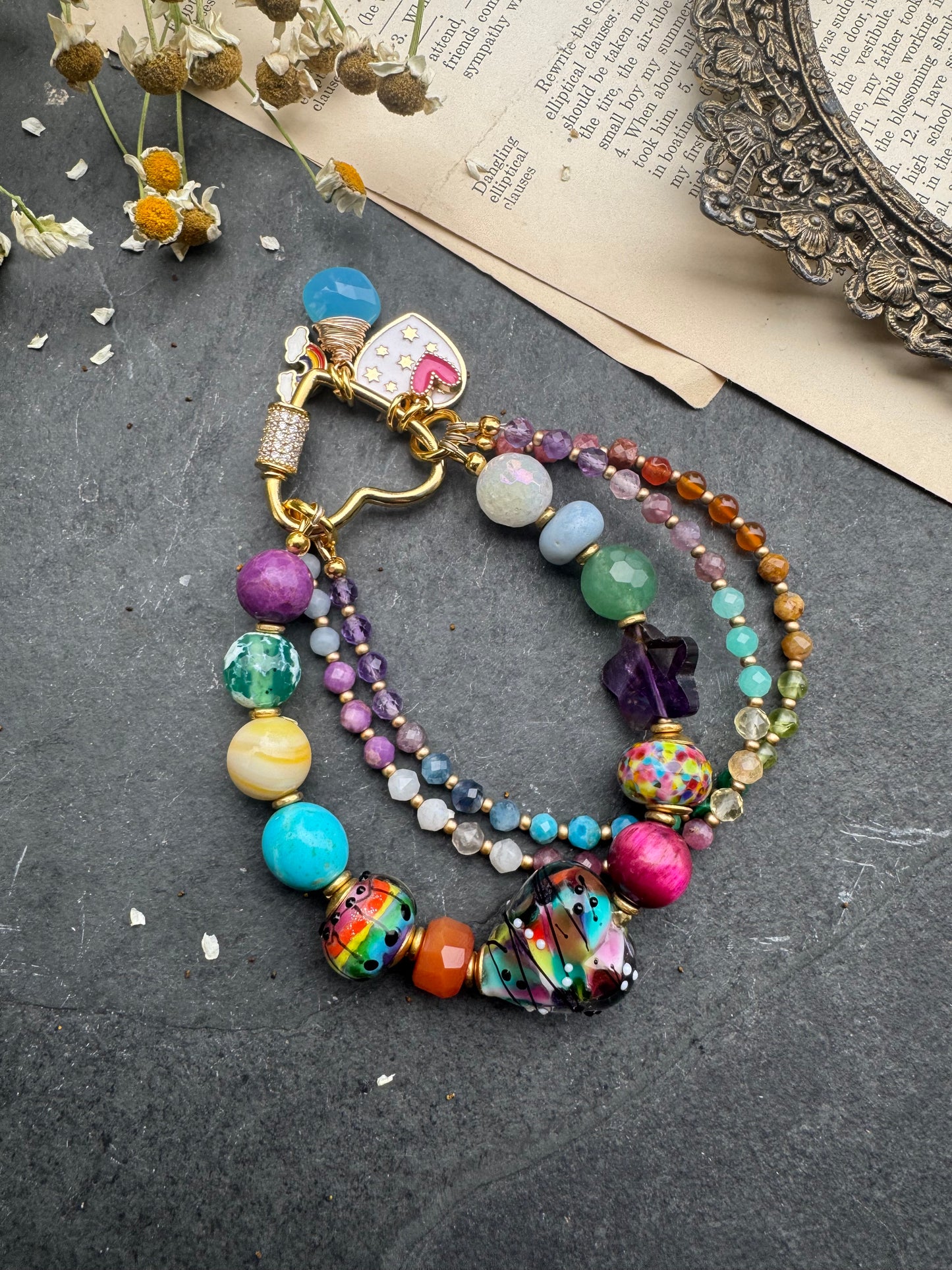 Rainbow. Mixed gemstone, lampwork glass, rhinestone clasp. Kit.