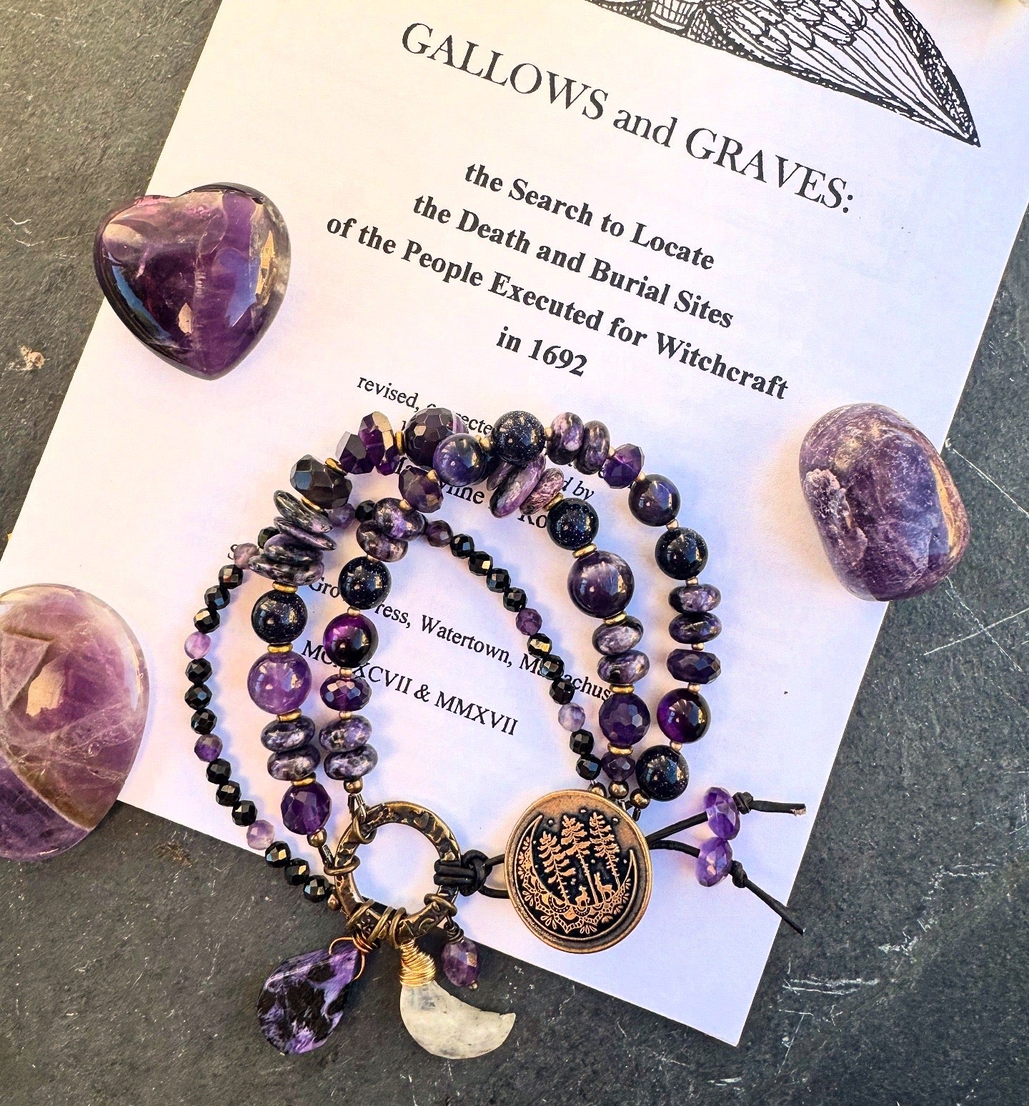 Moon and trees bronze button, amethyst, Onyx, purple goldstone, Charoite and purple tigers eye, Moonstone, bracelet