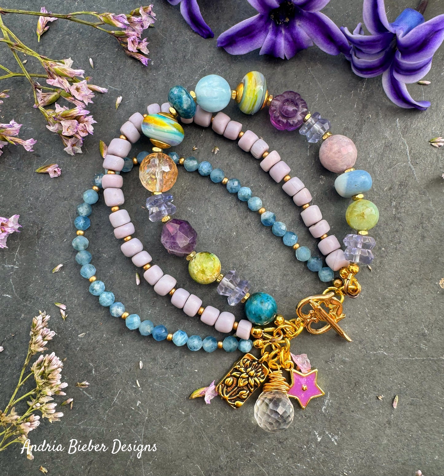 handmade lamp work glass, blue opal, fluorite, citrine, aquamarine, amethyst, ioilite, java glass, bracelet