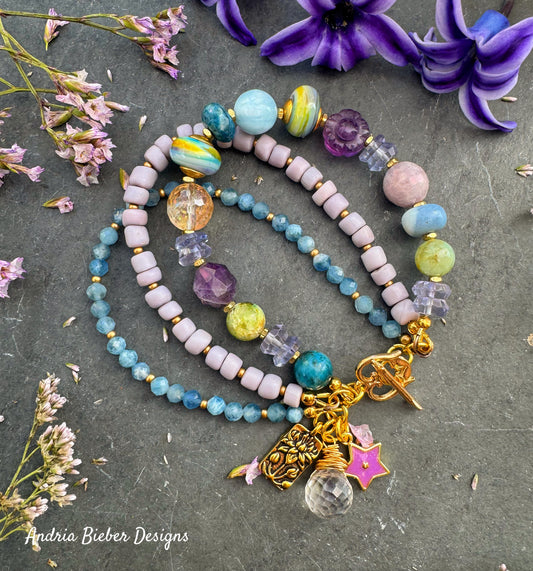 handmade lamp work glass, blue opal, fluorite, citrine, aquamarine, amethyst, ioilite, java glass, bracelet