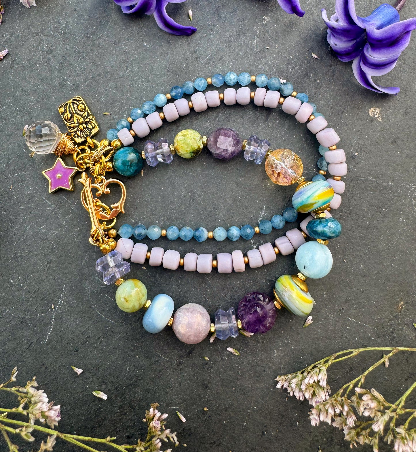handmade lamp work glass, blue opal, fluorite, citrine, aquamarine, amethyst, ioilite, java glass, bracelet