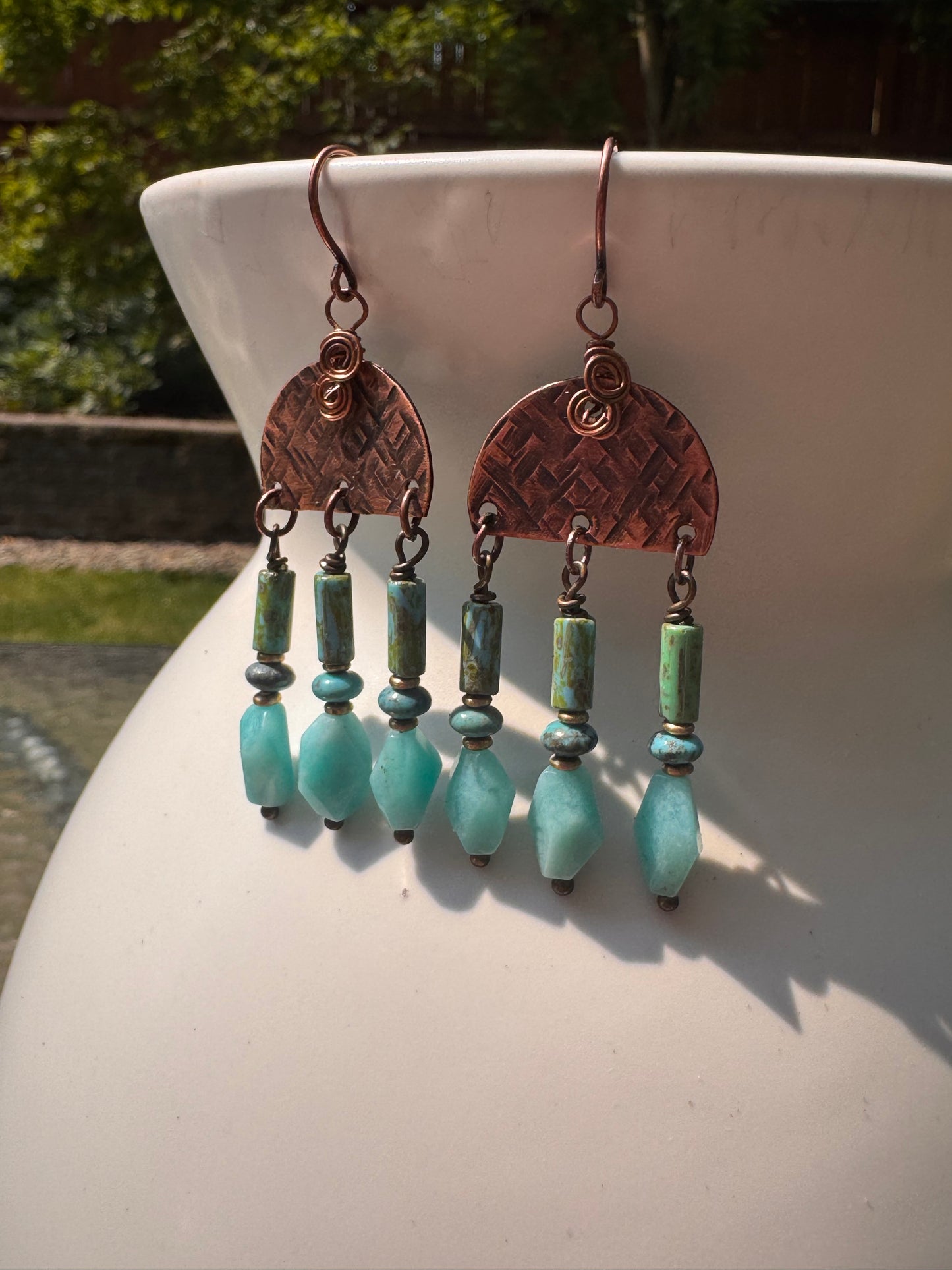 Amazonite stone, Czech glass, copper metal, earrings
