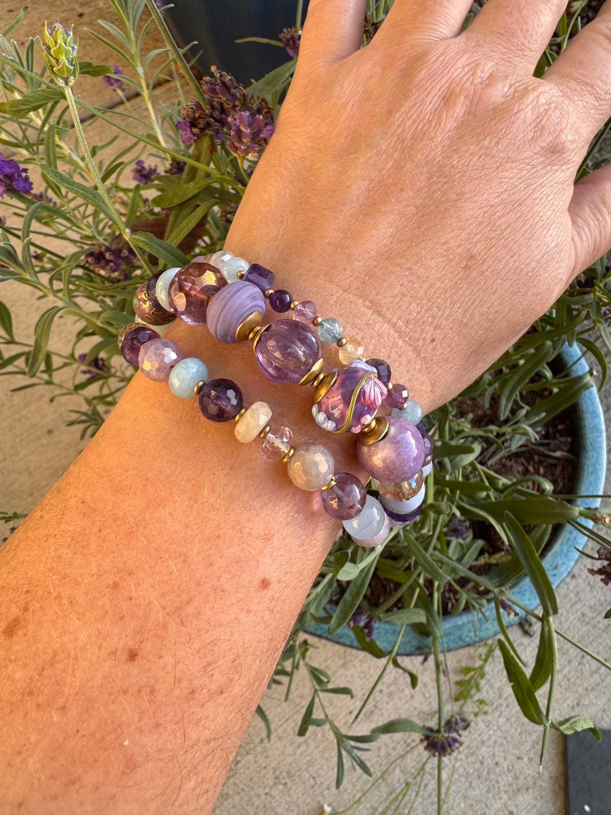 Handmade lampwork glass, 
Amethyst, citrine, aquamarine, faceted green amethyst, fluorite stone, purple oyster, and bronze  butterfly metal button.