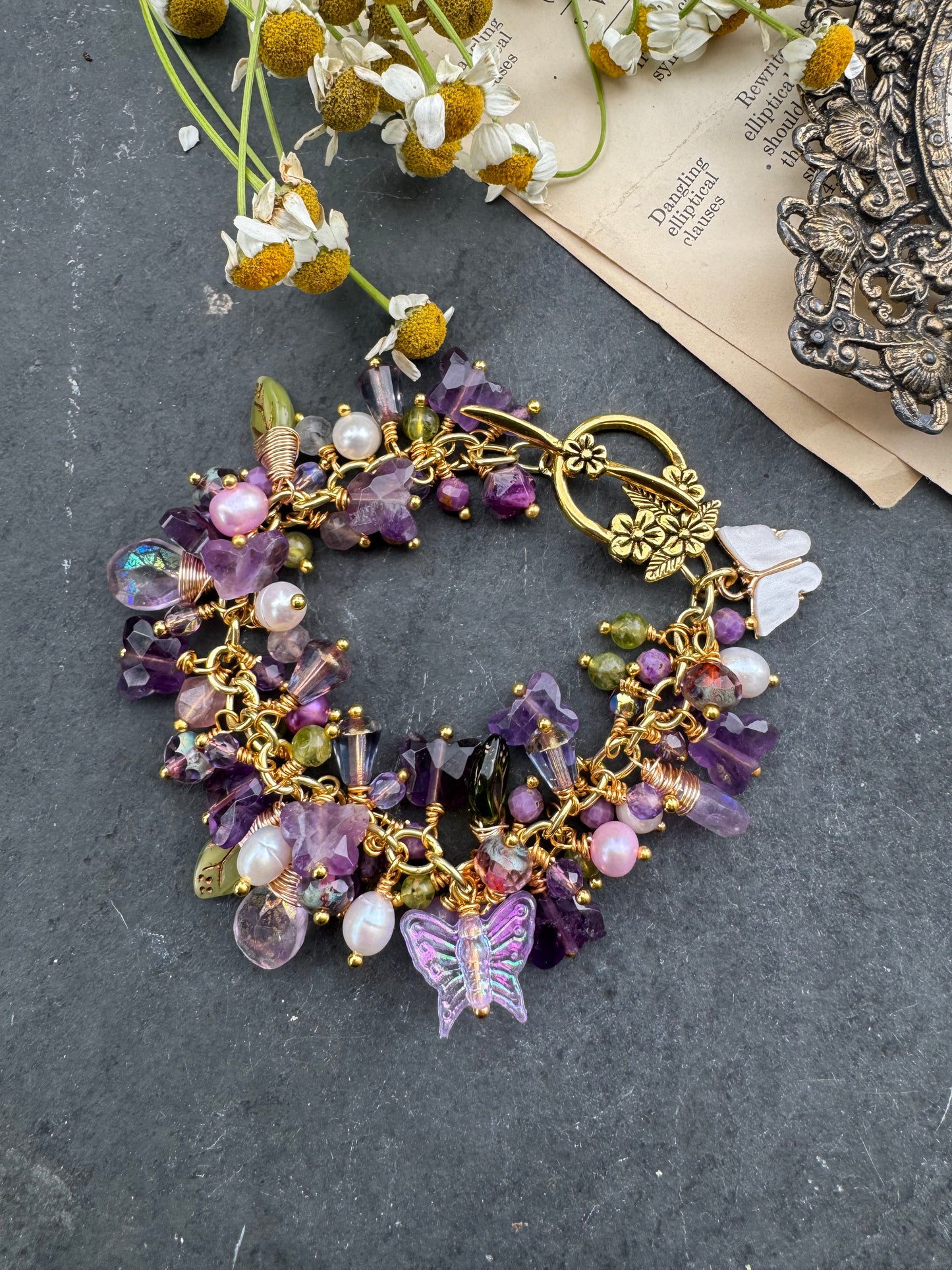 Amethyst, pearls, Czech glass, gold metal, butterfly bracelet.