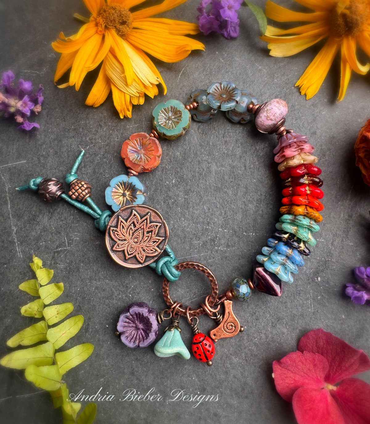Lotus flower. Czech glass, handmade lampwork glass, ceramic, handmade lotus flower copper button, bracelet.