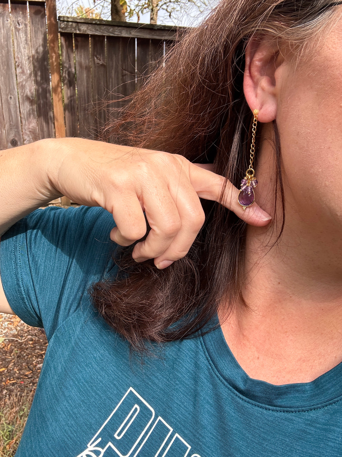Amethyst stone, gold metal, drop earrings