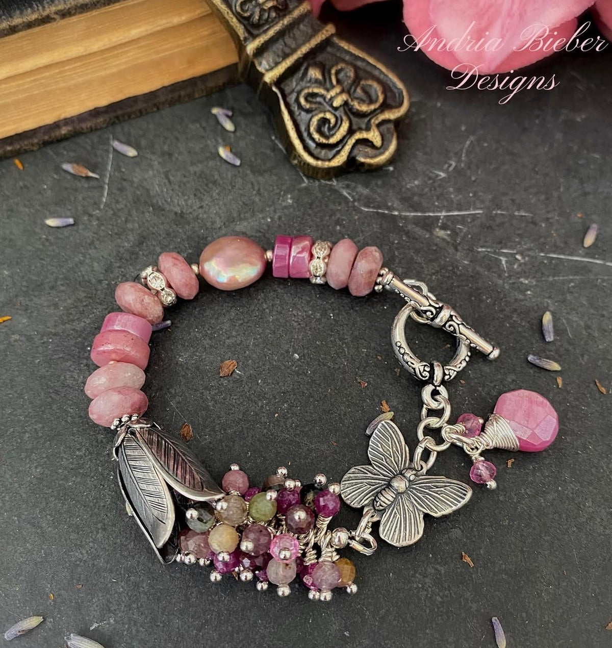 Pink butterfly. Pink moonstone, watermelon and pink tourmaline, pearl, silver metal, bracelet