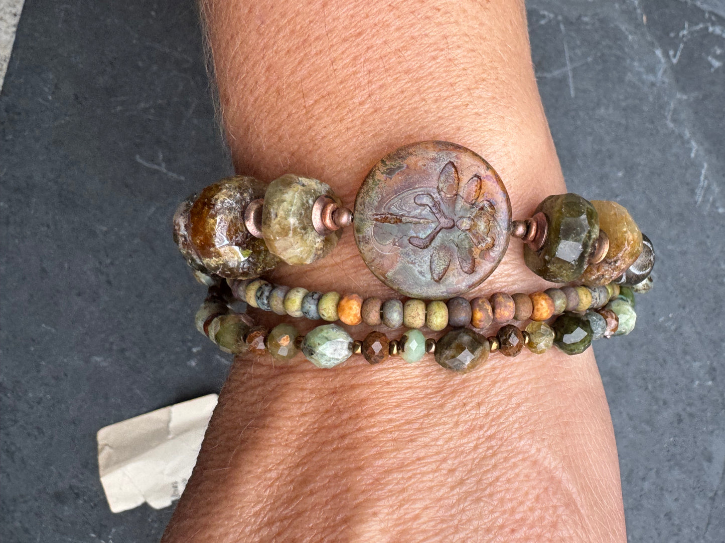 Green garnet, czech glass, Amazonite, African brass, bracelet