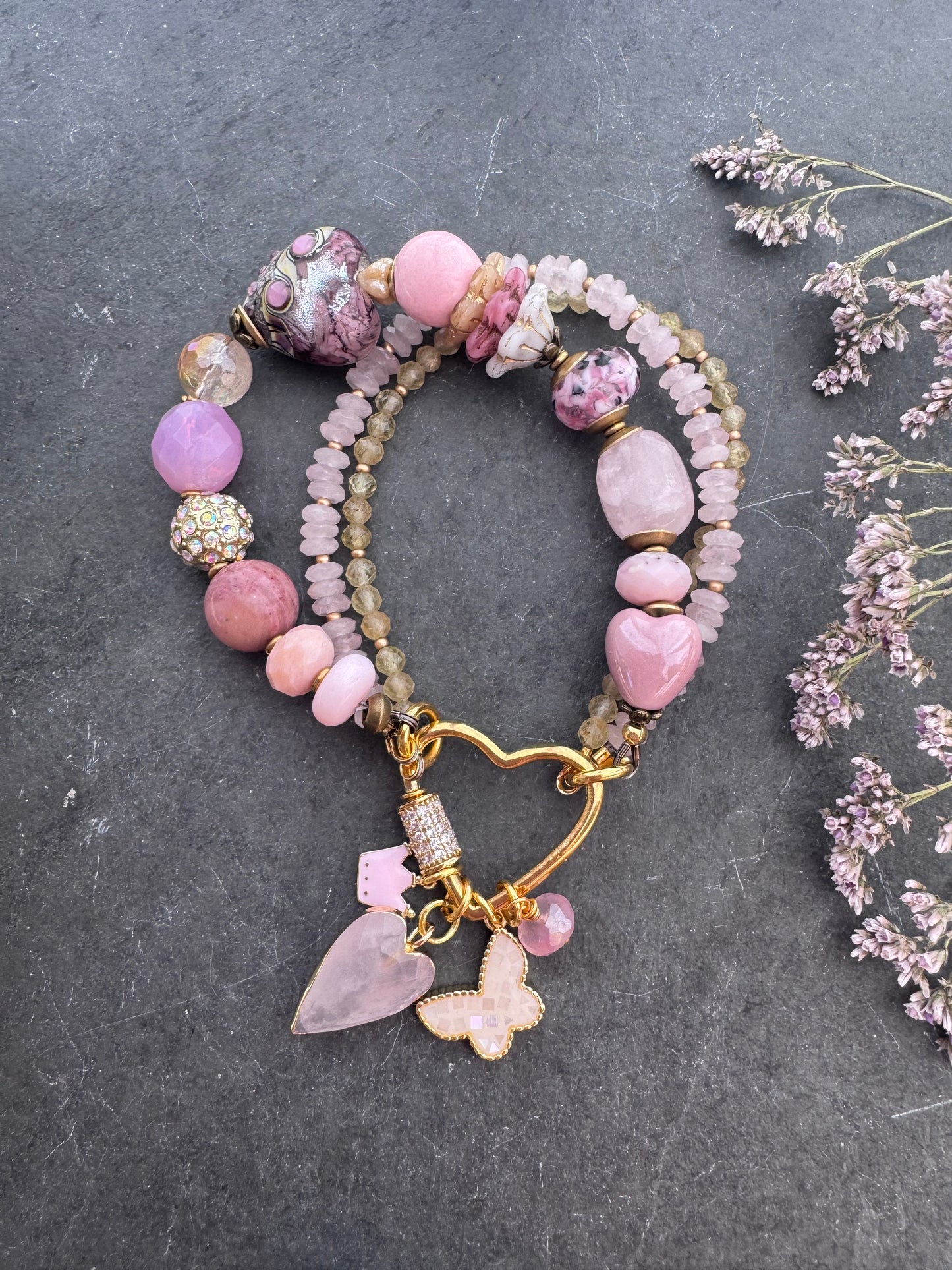 Pink love. lampwork glass, rose quartz, citrine, ceramic, moonstone, pink opal, rhinestone and Czech glass bracelet.