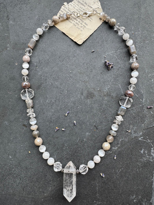 Labradorite stone, clear quartz, moonstone, crystal pendant, sterling silver metal, necklace.