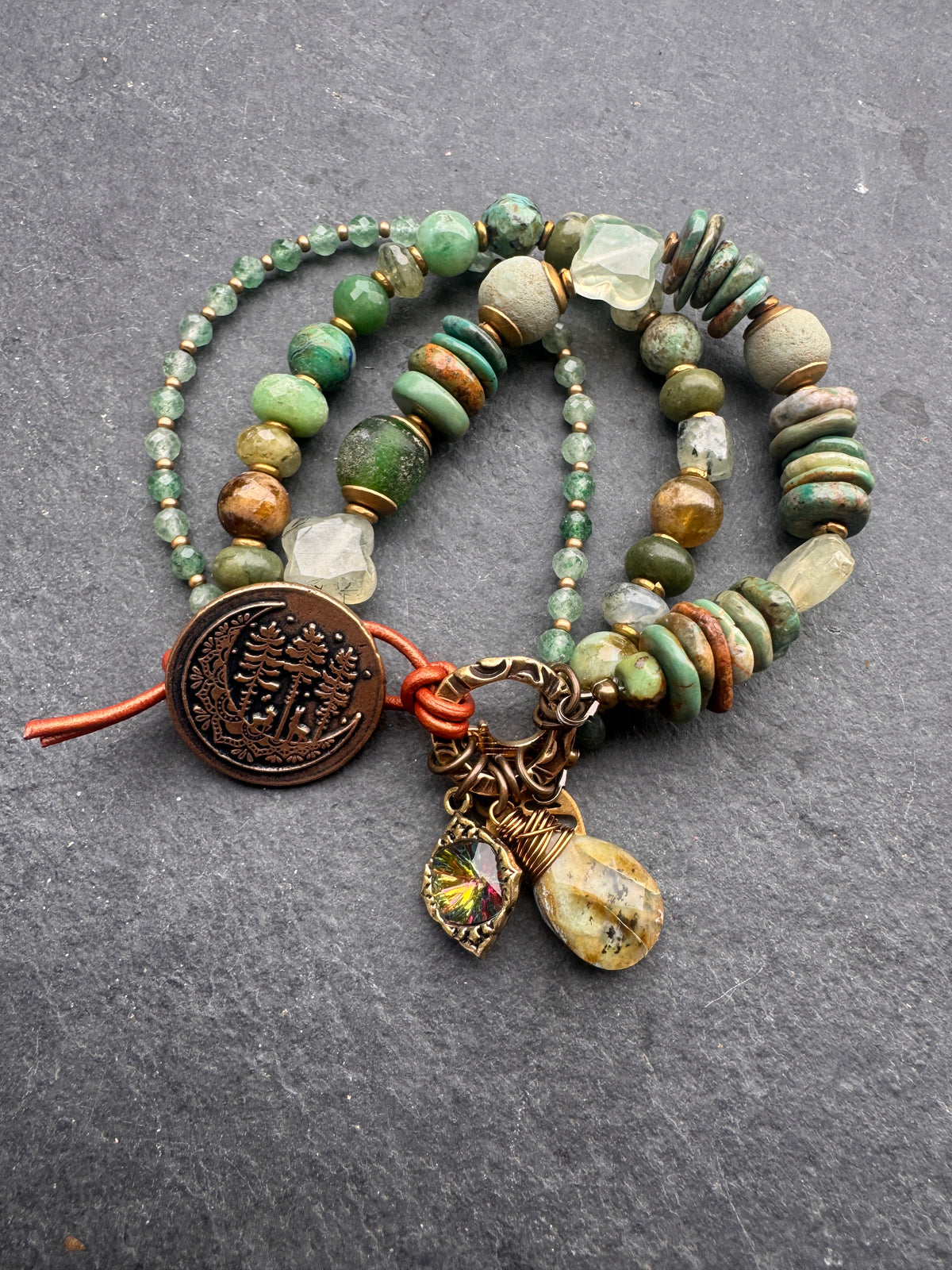 Trees. Prehnite, hubei turquoise, green garnet, green kyanite, handmade tree bronze metal button, bracelet.
