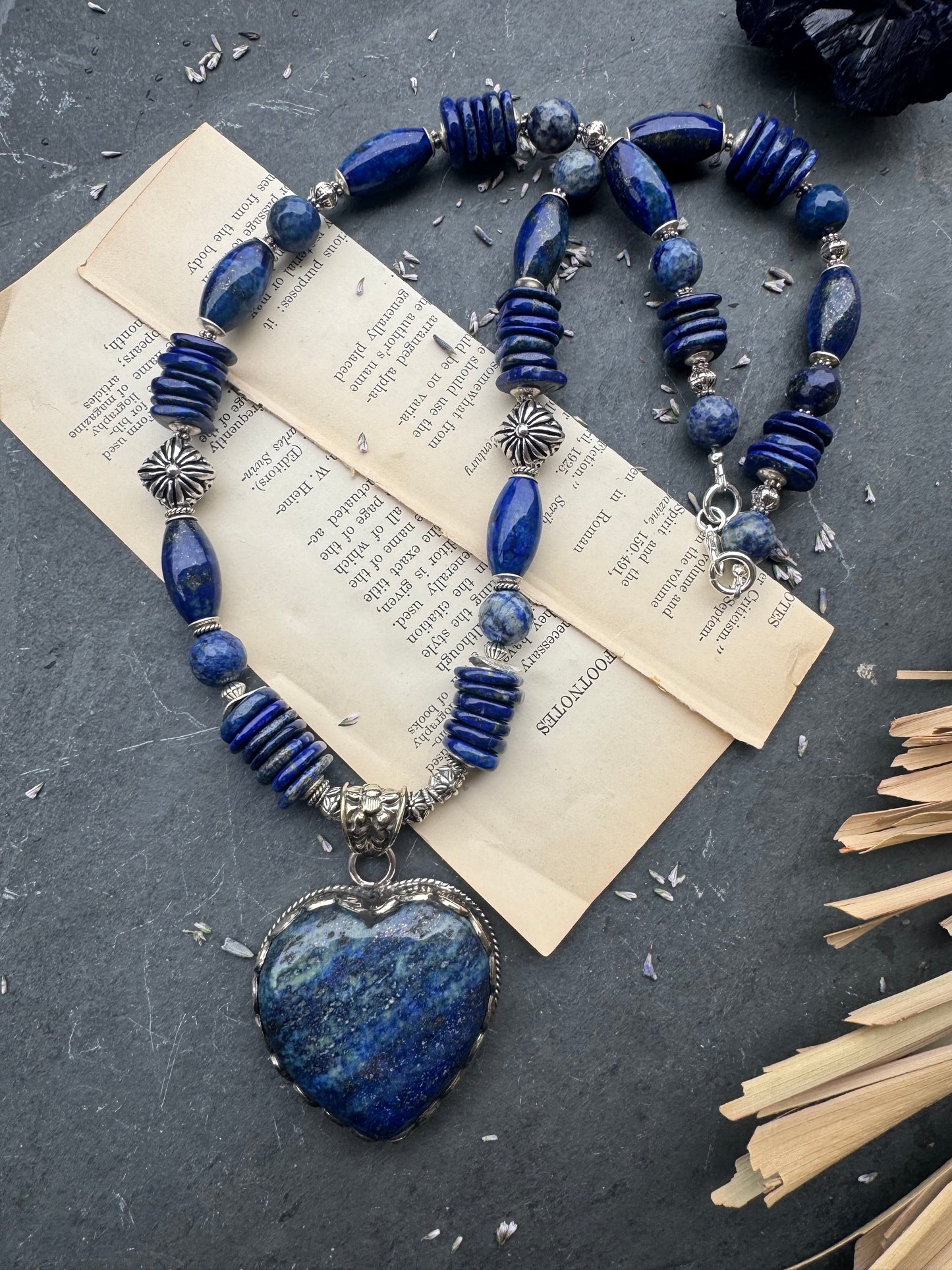 Lapis lazuli stone, lapis stone heart shaped pendant, silver metal. Chunky necklace. MTO.