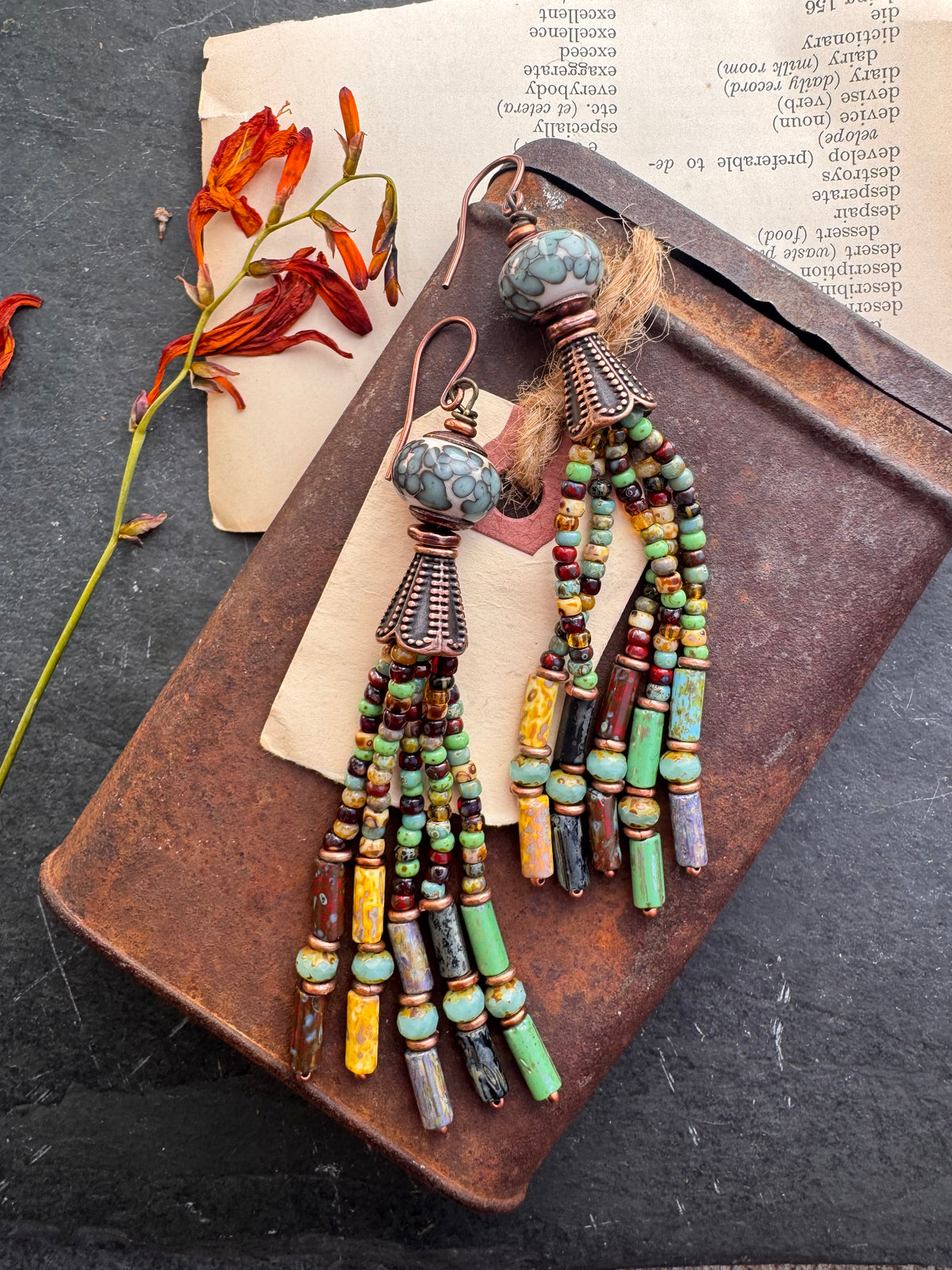 Handmade lamp work Glass, Czech glass, tassel, copper metal, earrings