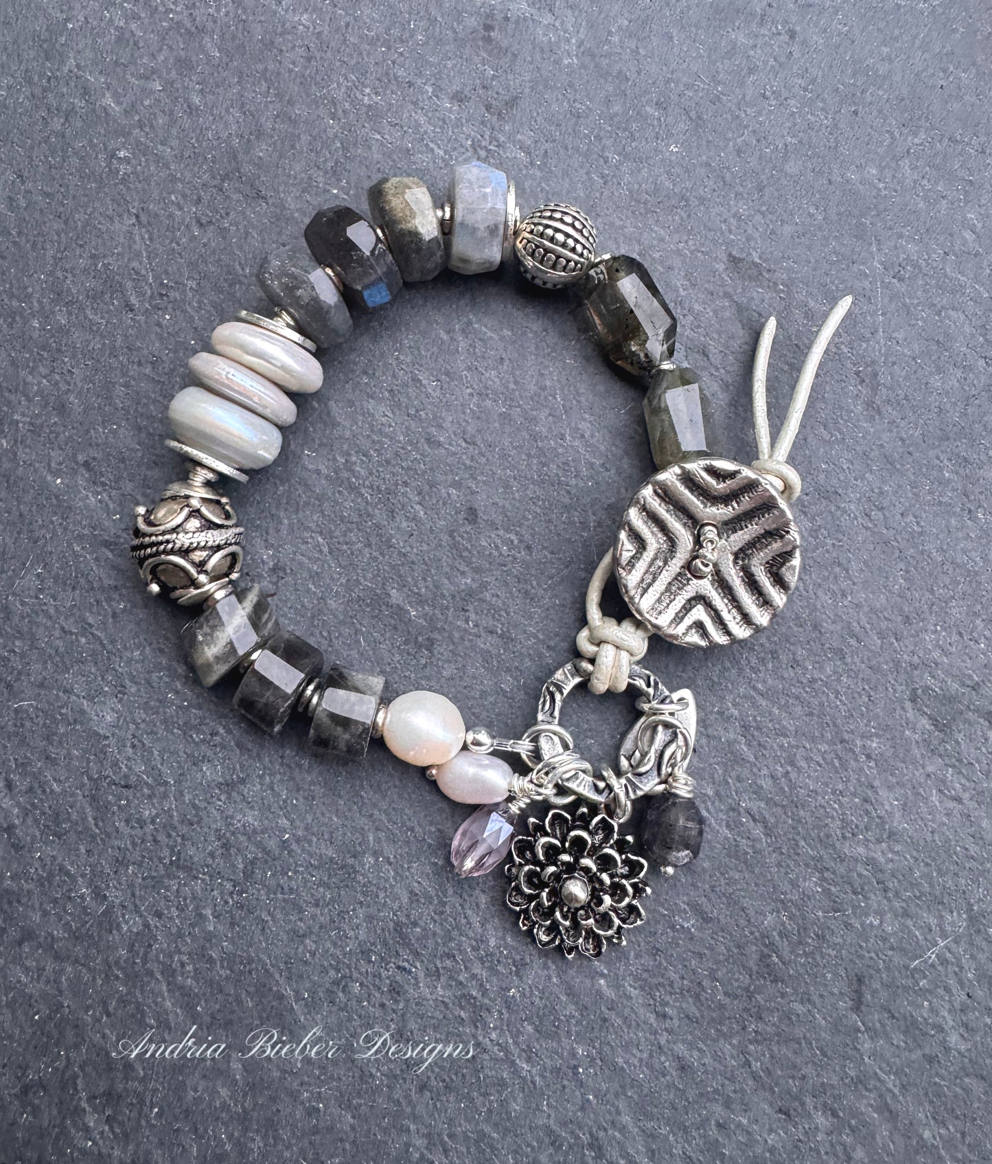 labradorite, pearls, silver metal, button, bracelet