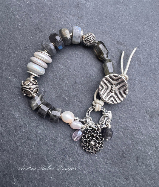 labradorite, pearls, silver metal, button, bracelet