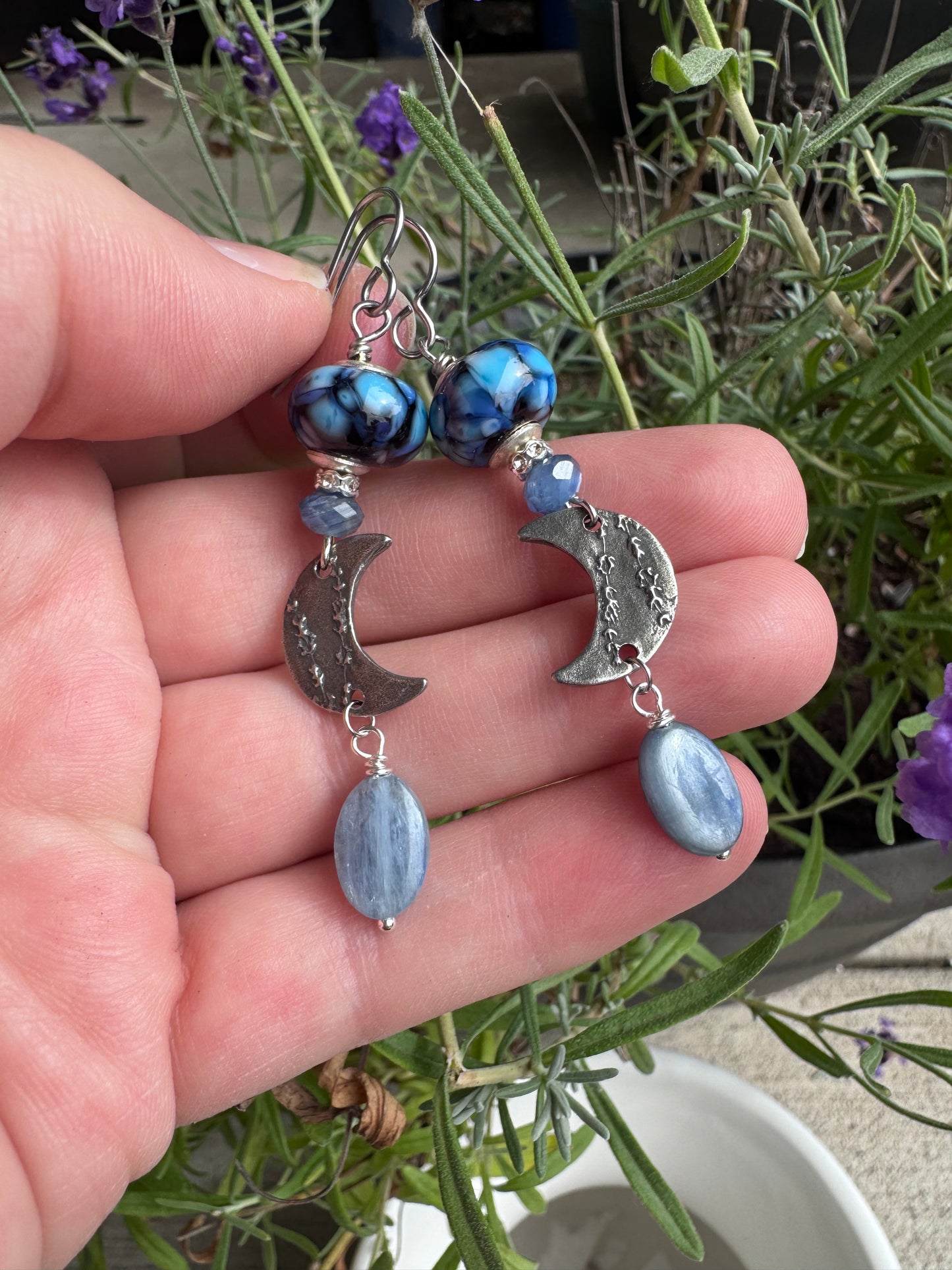 Handmade lampwork glass, kyanite, pewter silver moon and flower charm, earrings