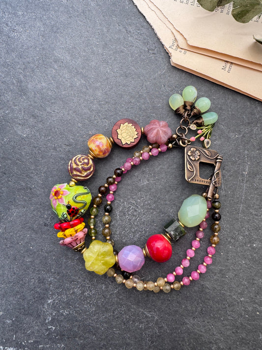 Lampwork glass,mixed stone, tourmaline, Czech glass, wood, bracelet.