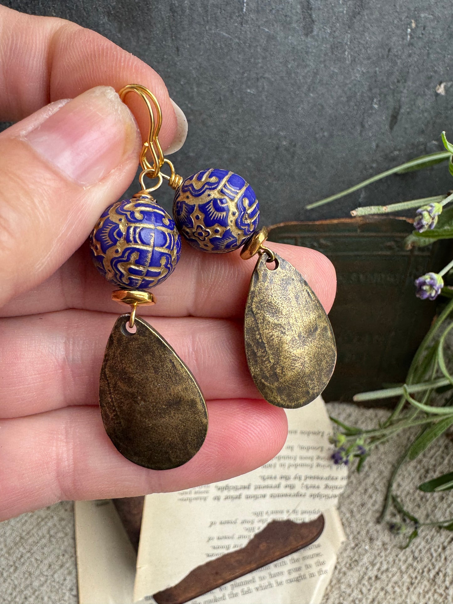 Blue bead, Brass charm, earrings