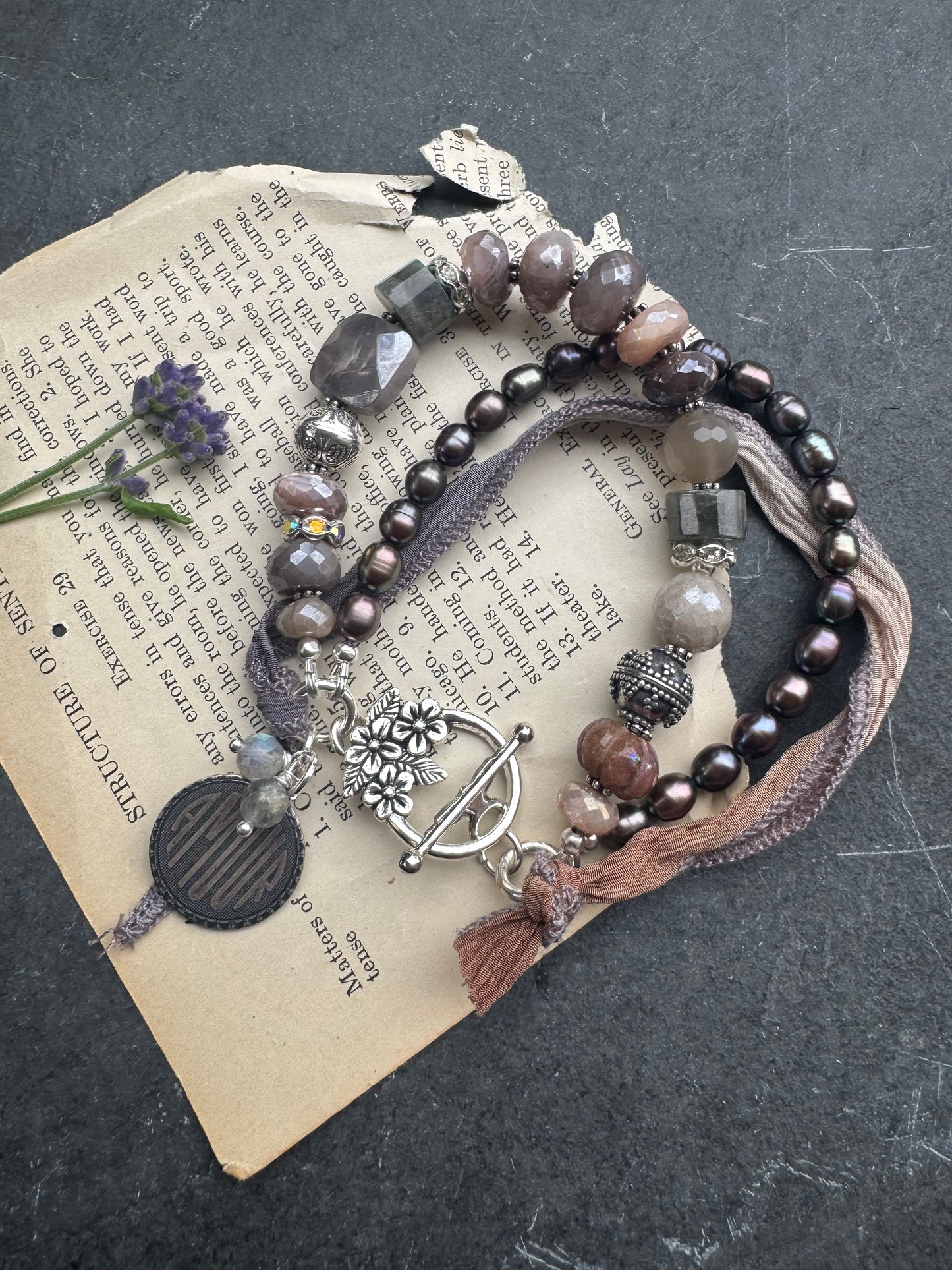 Peach & grey moonstone, grey pearls,  silk ribbon, and sterling silver metal.