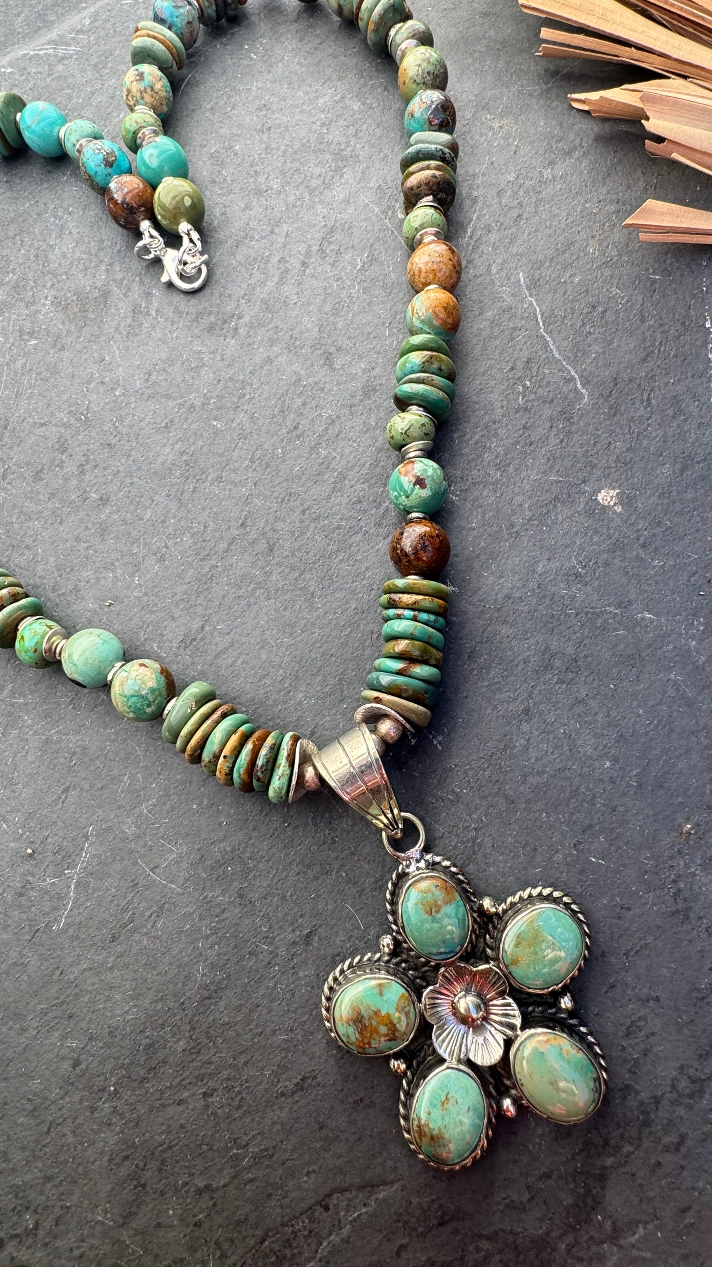 Hubei turquoise, Czech glass, African silver, and large Hubei turquoise flower pendant.