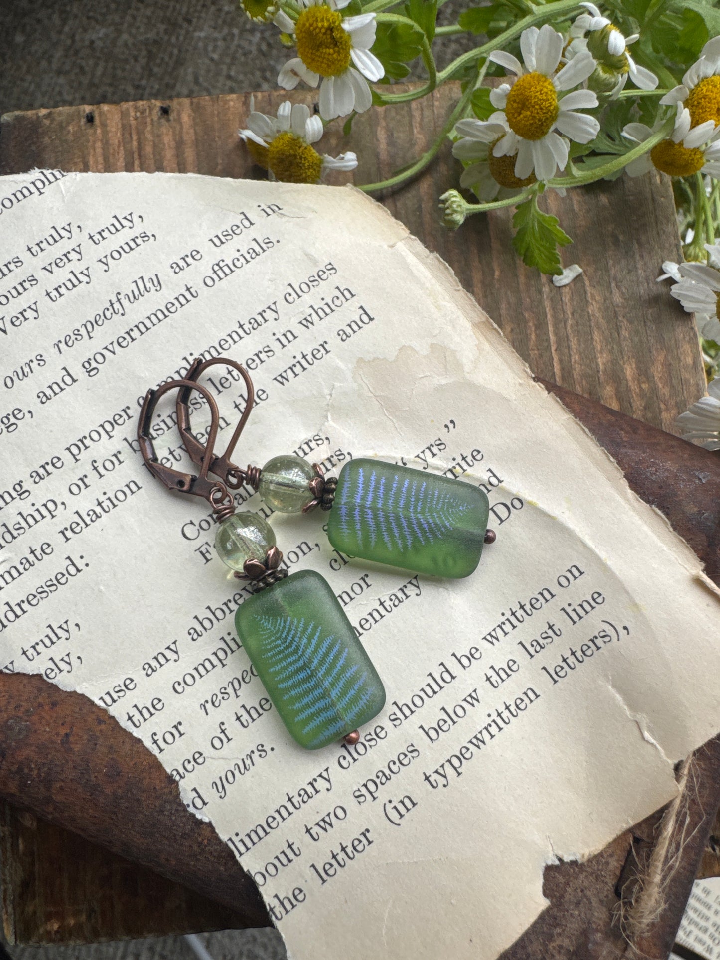 Fern Czech glass, copper metal, earrings