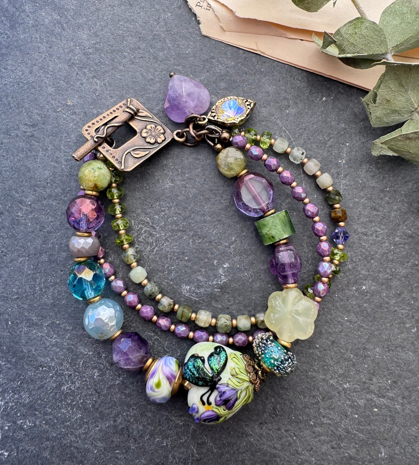 Amethyst, jade, chalcedony, fluorite, green garnet, lampwork glass, Czech glass, bracelet