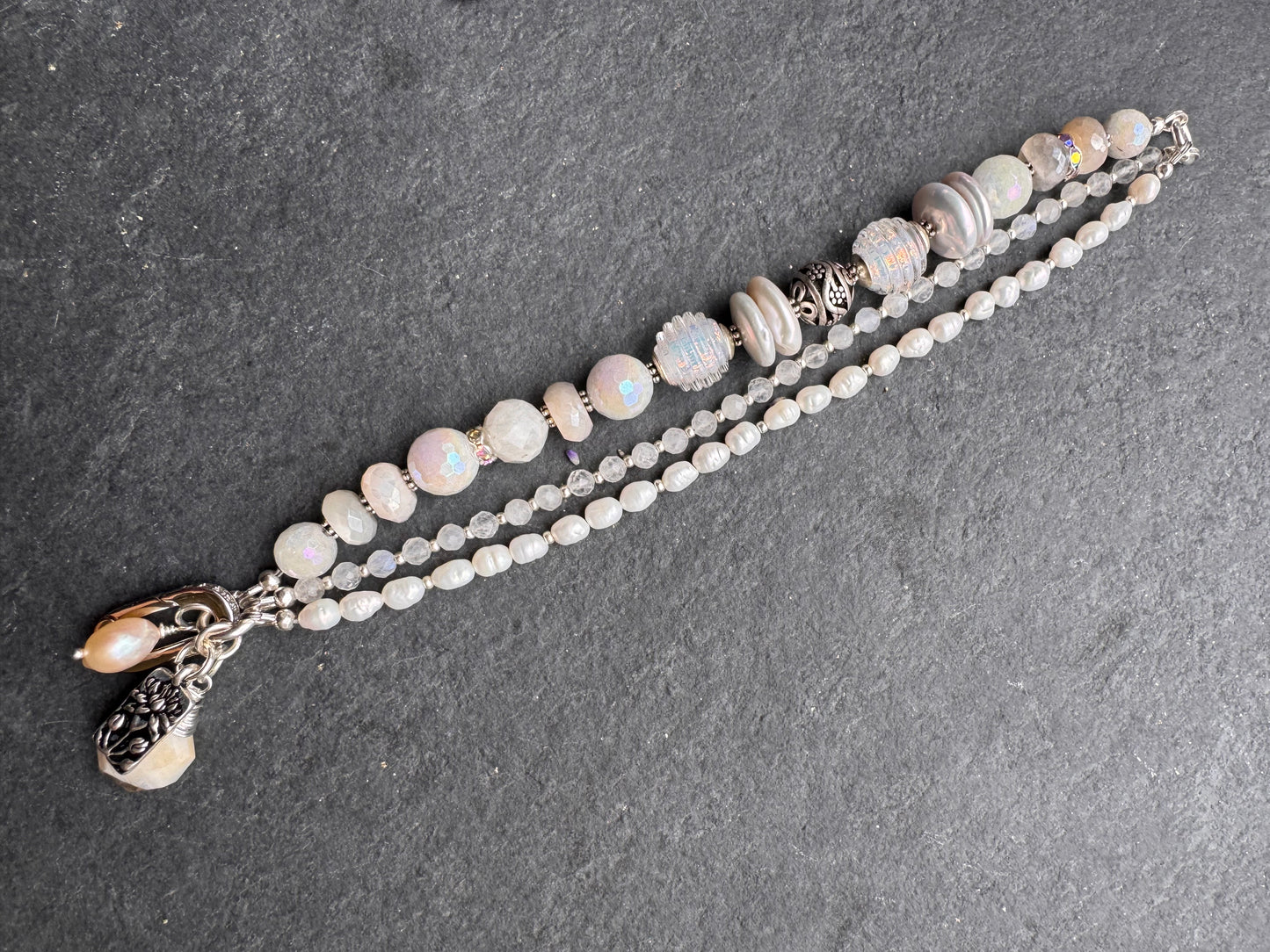 Pearls, moonstone gemstone,handmade lampwork glass, silver metal, bracelet, jewelry.