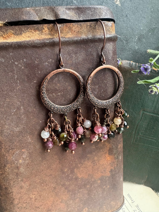 copper detailed charms, watermelon tourmaline stone, copper earrings