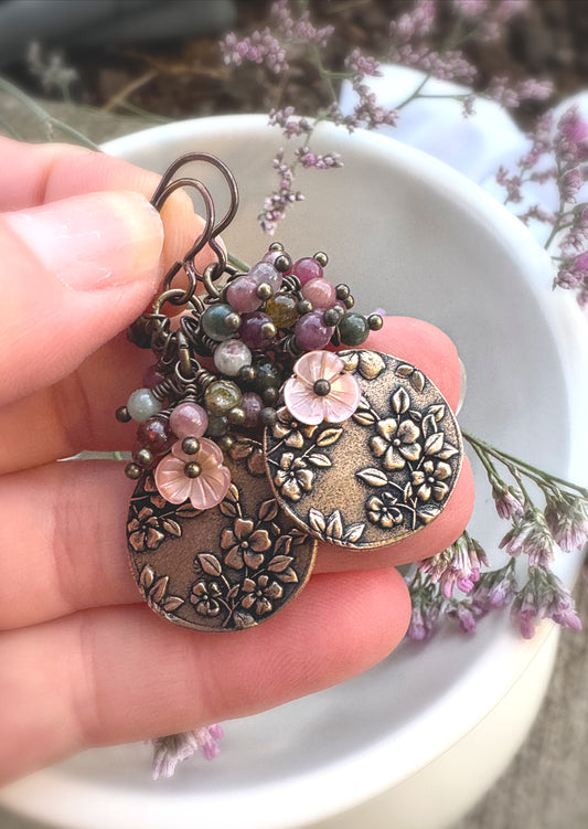 Watermelon tourmaline stone, pink shell flowers, handmade bronze flower charms, earrings