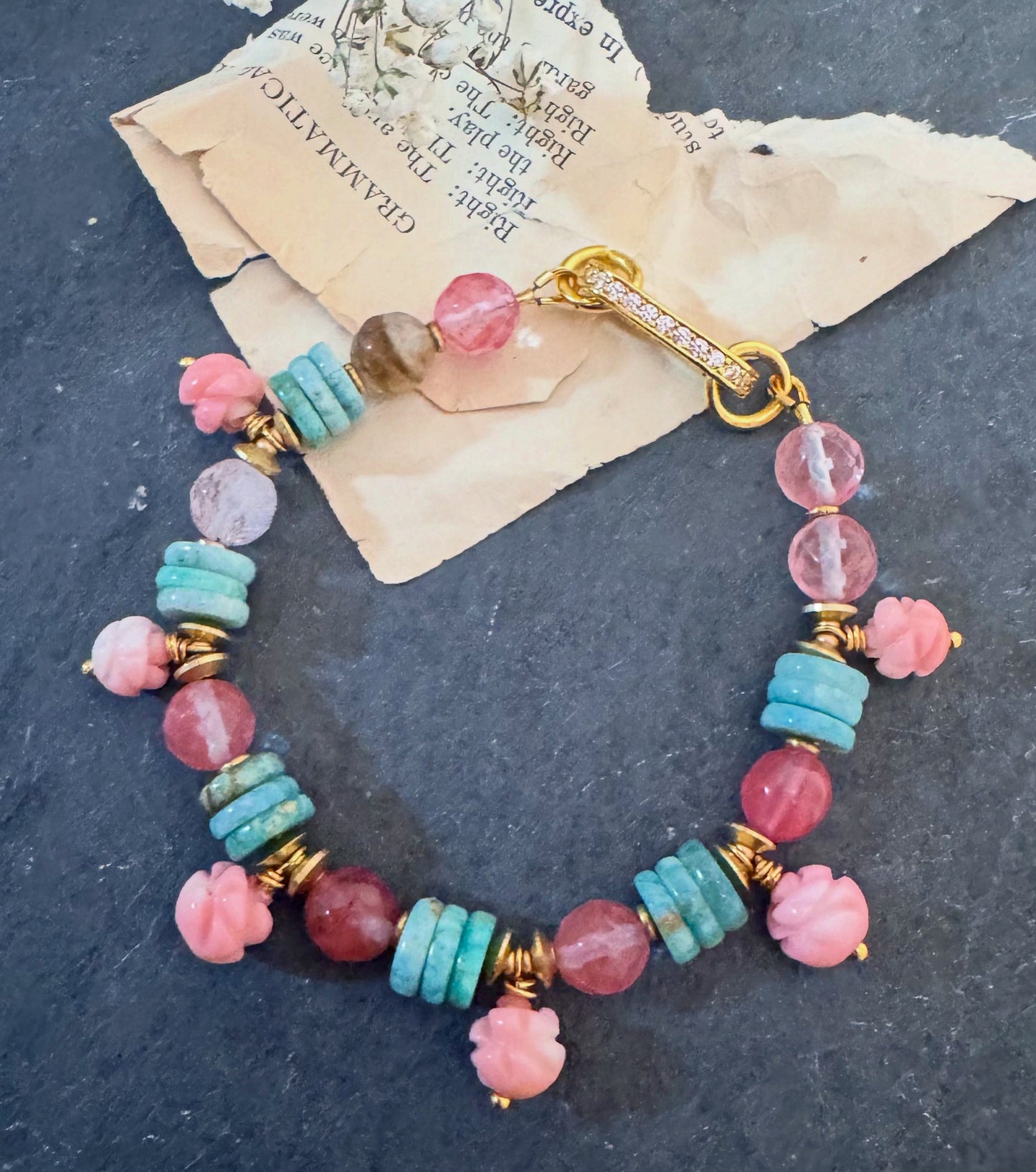 Natural Sea Blue Peruvian Amazonite, pink opal stone flowers, agate, brass metal, bracelet ( vintage beads)