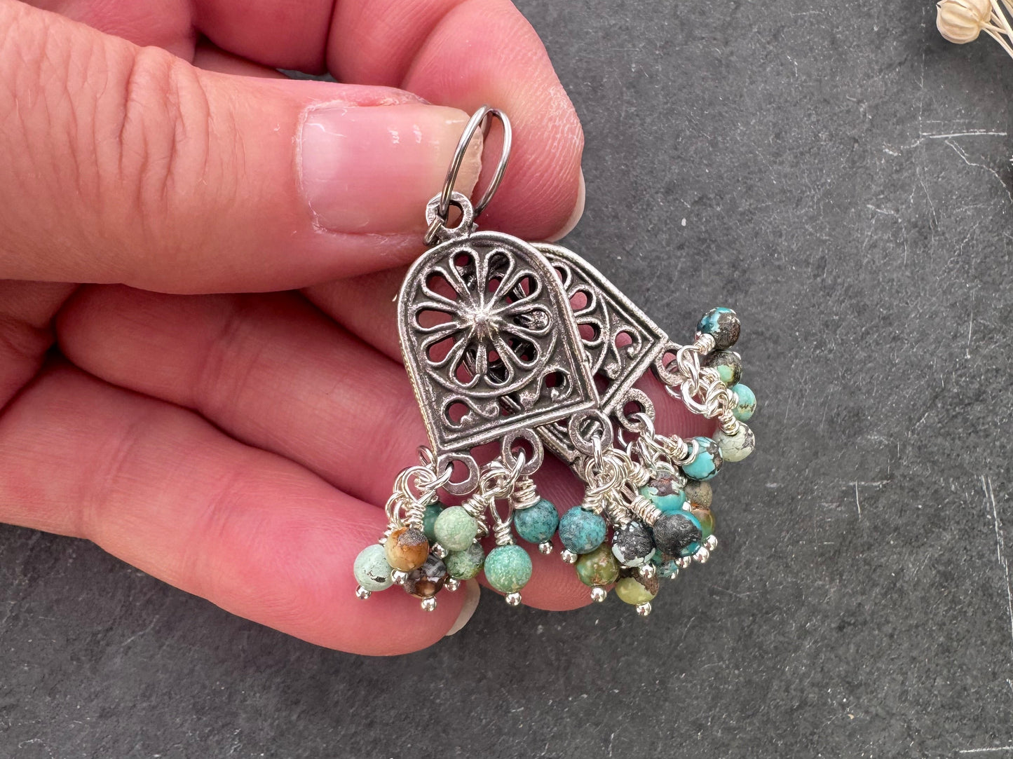 Turquoise stone, silver metal charm, earrings